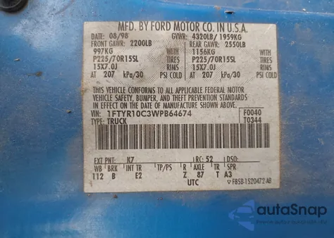 1998 Ford Ranger Splash/Xl/Xlt из США, поврежденный, VIN 1FTYR10C3WPB64674